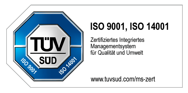 Zertifikat nach ISO 9001 und ISO 14001 des TÜV Süd in Farbe